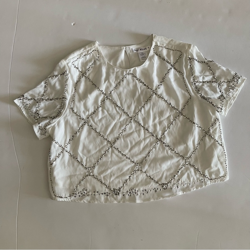 White and Silver Sequin Embellished Cropped Top